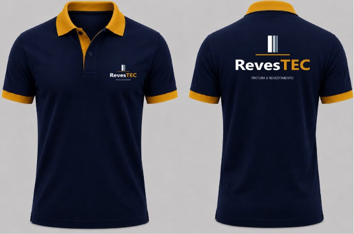 Equipe Revestec uniformizada — polo azul-marinho e dourado com a marca RevesTEC